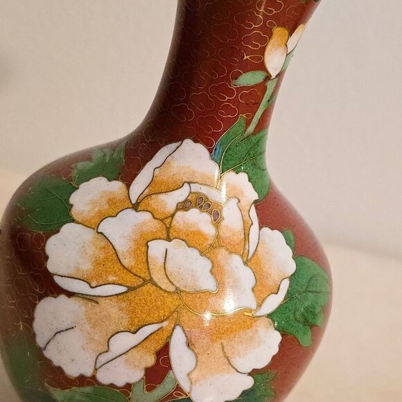 Vintage Antique Chinese Cloisonne Enamel on Brass Red Vase Bird and Flowers - Picture 4 of 8